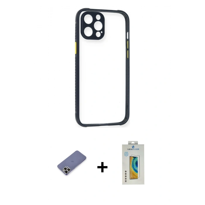MARSİLYAN™- iPhone 12 Pro Kılıf Nova Asil Özel Seri - Siyah Polymer Nano Ekran Koruyucu + Metal Kamera Lens Koruma Cam - GD