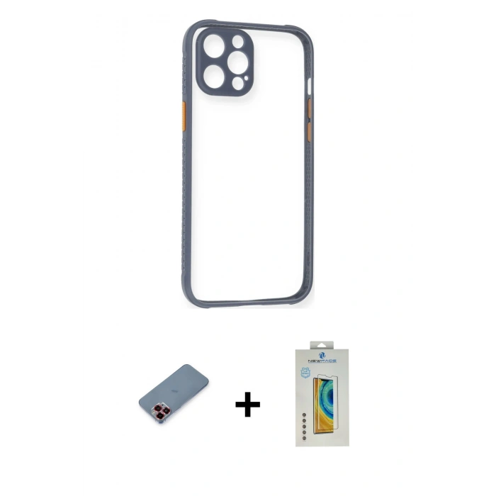 MARSİLYAN™- iPhone 12 Pro Kılıf Nova Asil Özel Seri - Siyah Polymer Nano Ekran Koruyucu + Metal Kamera Lens Koruma Cam - KI