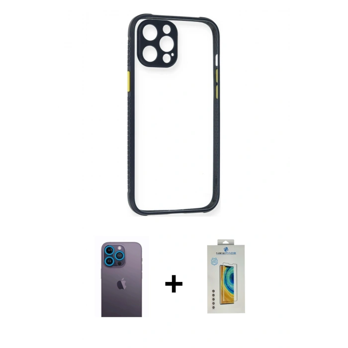 MARSİLYAN™- iPhone 12 Pro Kılıf Nova Asil Özel Seri - Siyah Polymer Nano Ekran Koruyucu + Neon Fosforlu Kamera Lens - MI