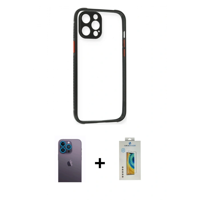 MARSİLYAN™- iPhone 12 Pro Kılıf Nova Asil Özel Seri - Siyah Polymer Nano Ekran Koruyucu + Neon Fosforlu Kamera Lens - MI