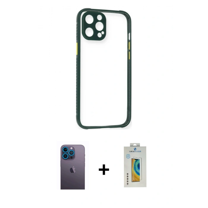 MARSİLYAN™- iPhone 12 Pro Kılıf Nova Asil Özel Seri - Siyah Polymer Nano Ekran Koruyucu + Neon Fosforlu Kamera Lens - MI
