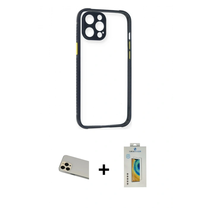 MARSİLYAN™- iPhone 12 Pro Kılıf Nova Asil Özel Seri - Siyah Polymer Nano Ekran Koruyucu + Rainbow Kamera Lens Koruma Cam - GD