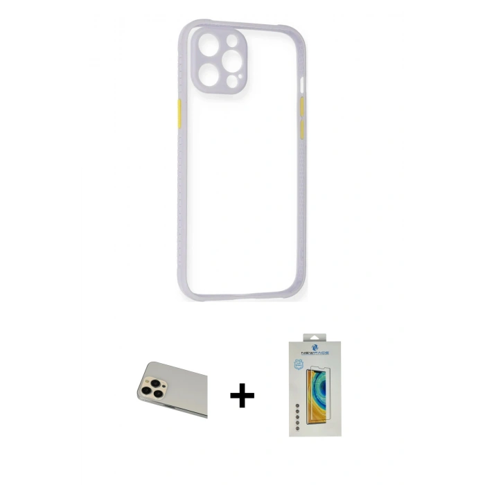MARSİLYAN™- iPhone 12 Pro Kılıf Nova Asil Özel Seri - Siyah Polymer Nano Ekran Koruyucu + Rainbow Kamera Lens Koruma Cam - GD