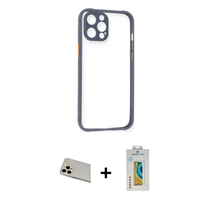 MARSİLYAN™- iPhone 12 Pro Kılıf Nova Asil Özel Seri - Siyah Polymer Nano Ekran Koruyucu + Rainbow Kamera Lens Koruma Cam - GD