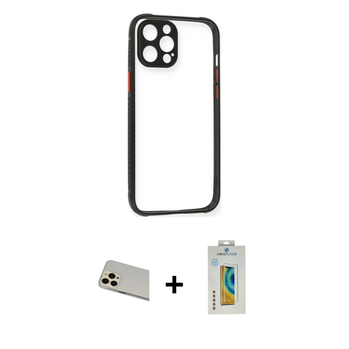 MARSİLYAN™- iPhone 12 Pro Kılıf Nova Asil Özel Seri - Siyah Polymer Nano Ekran Koruyucu + Rainbow Kamera Lens Koruma Cam - GD