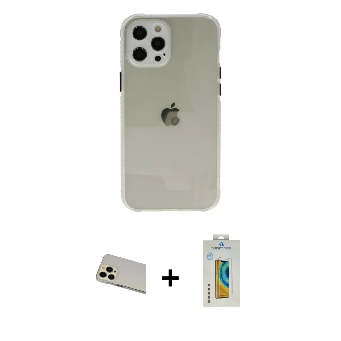 MARSİLYAN™- iPhone 12 Pro Kılıf Nova Asil Özel Seri - Siyah Polymer Nano Ekran Koruyucu + Rainbow Kamera Lens Koruma Cam - GD