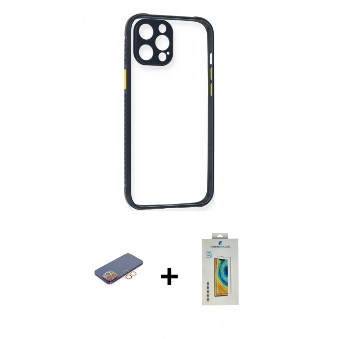 MARSİLYAN™- iPhone 12 Pro Kılıf Nova Asil Özel Seri - Siyah Polymer Nano Ekran Koruyucu + Renkli Kamera Lens Koruma Cam - TU
