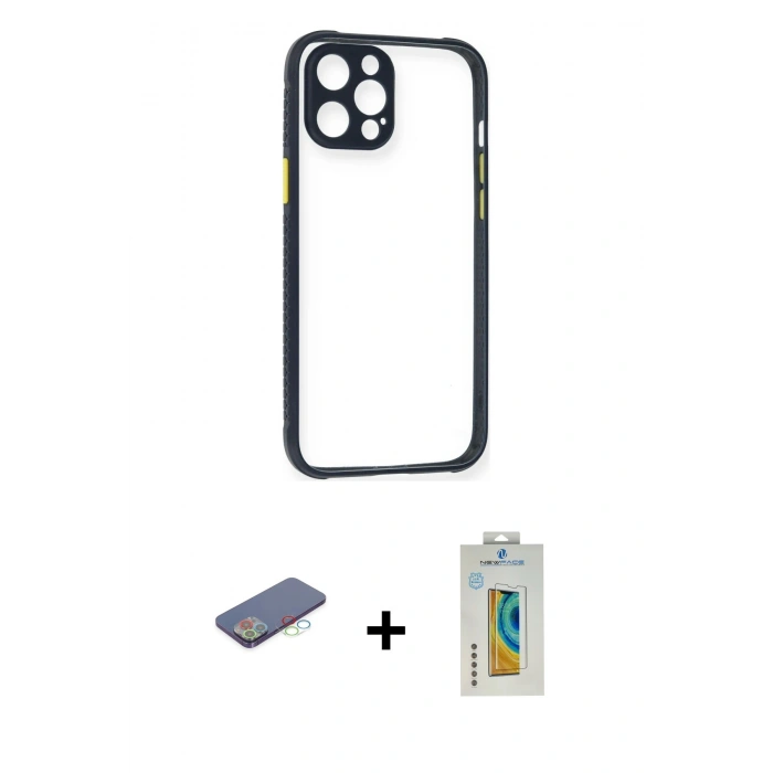 MARSİLYAN™- iPhone 12 Pro Kılıf Nova Asil Özel Seri - Siyah Polymer Nano Ekran Koruyucu + Renkli Kamera Lens Koruma Cam - MI
