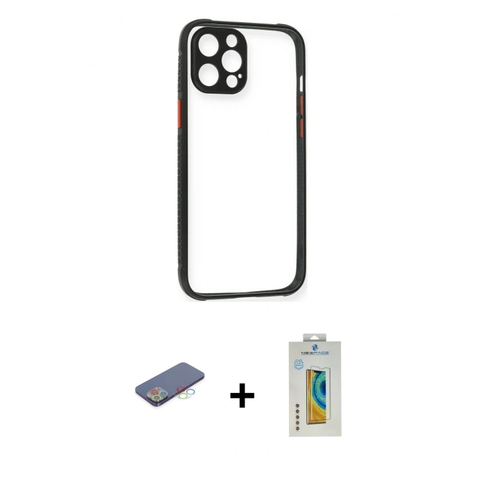 MARSİLYAN™- iPhone 12 Pro Kılıf Nova Asil Özel Seri - Siyah Polymer Nano Ekran Koruyucu + Renkli Kamera Lens Koruma Cam - MI