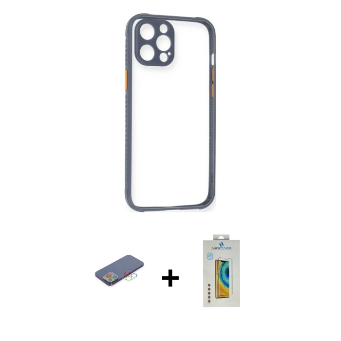 MARSİLYAN™- iPhone 12 Pro Kılıf Nova Asil Özel Seri - Siyah Polymer Nano Ekran Koruyucu + Renkli Kamera Lens Koruma Cam - MI