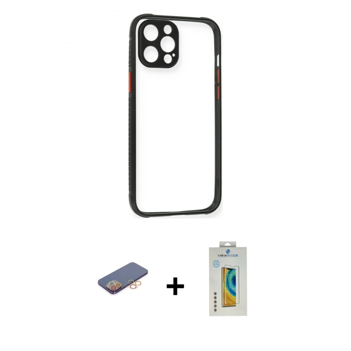 MARSİLYAN™- iPhone 12 Pro Kılıf Nova Asil Özel Seri - Siyah Polymer Nano Ekran Koruyucu + Renkli Kamera Lens Koruma Cam - TU