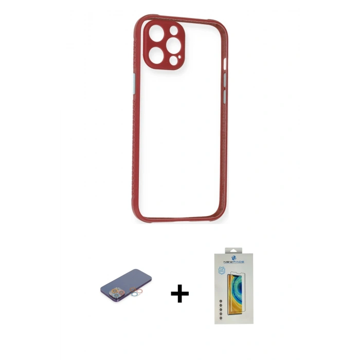 MARSİLYAN™- iPhone 12 Pro Kılıf Nova Asil Özel Seri - Siyah Polymer Nano Ekran Koruyucu + Renkli Kamera Lens Koruma Cam - PE