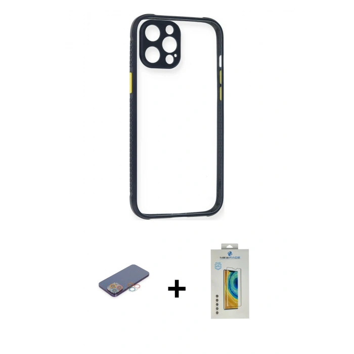 MARSİLYAN™- iPhone 12 Pro Kılıf Nova Asil Özel Seri - Siyah Polymer Nano Ekran Koruyucu + Renkli Kamera Lens Koruma Cam - PE