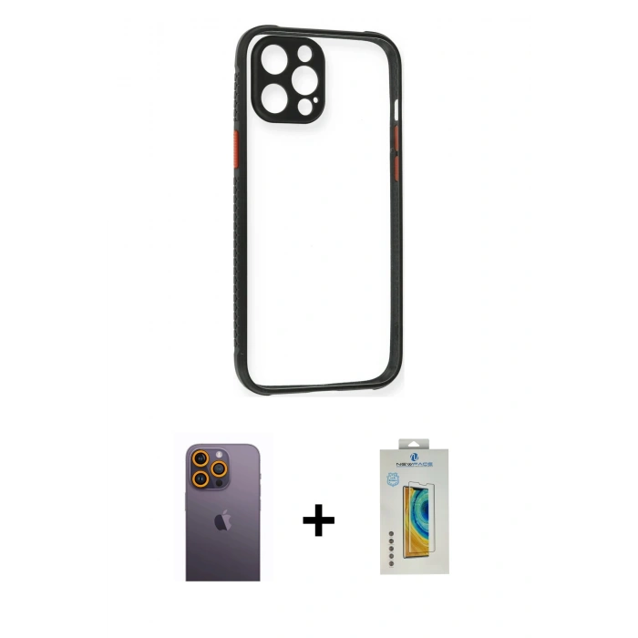 MARSİLYAN™- iPhone 12 Pro Kılıf Nova Asil Özel Seri - Siyah Polymer Nano Ekran Koruyucu + Neon Fosforlu Kamera Lens - SI