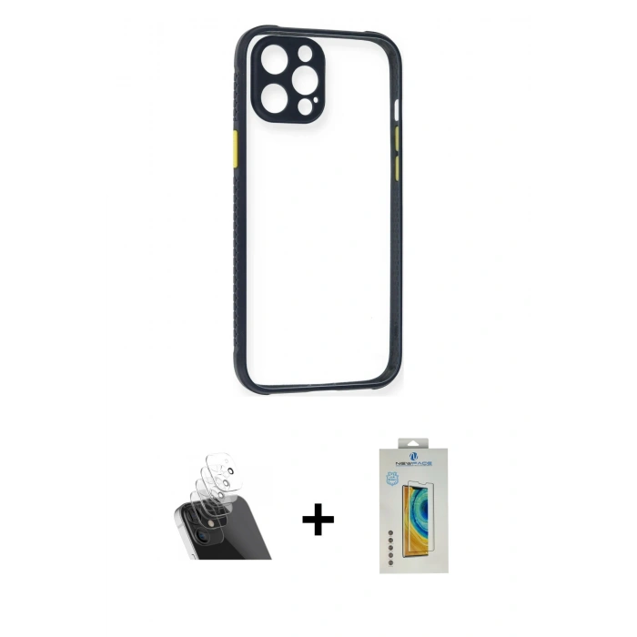 MARSİLYAN™- iPhone 12 Pro Kılıf Nova Asil Özel Seri - Siyah Polymer Nano Ekran Koruyucu + Şeffaf Kamera Lens Koruma Cam