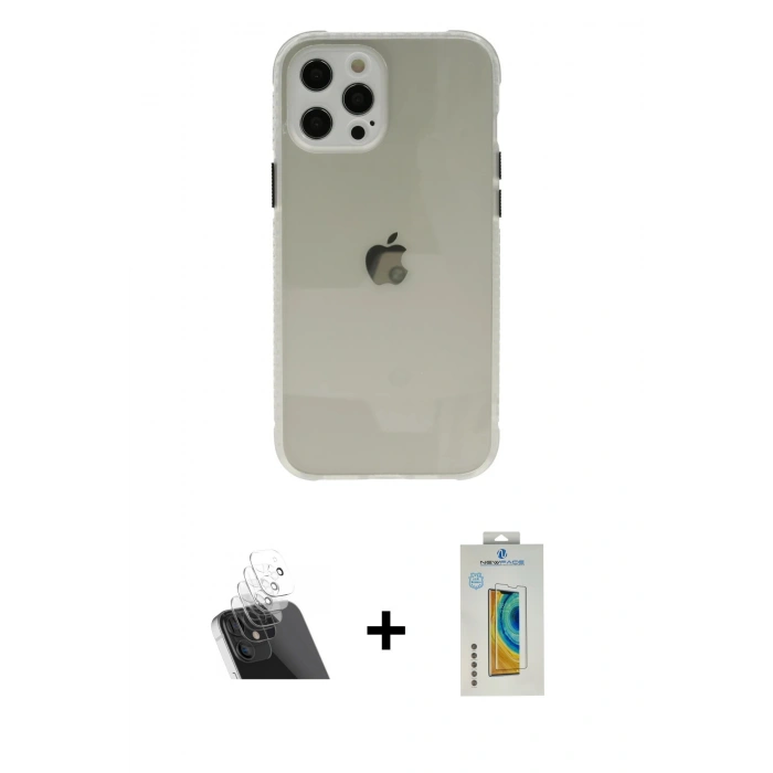 MARSİLYAN™- iPhone 12 Pro Kılıf Nova Asil Özel Seri - Siyah Polymer Nano Ekran Koruyucu + Şeffaf Kamera Lens Koruma Cam