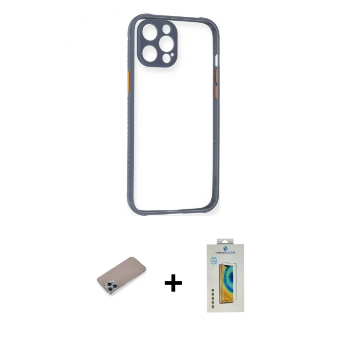 MARSİLYAN™- iPhone 12 Pro Kılıf Nova Asil Özel Seri - Siyah Polymer Nano Ekran Koruyucu + Shine Kamera Lens Koruma Cam - SABE