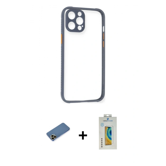 MARSİLYAN™- iPhone 12 Pro Kılıf Nova Asil Özel Seri - Siyah Polymer Nano Ekran Koruyucu + Shine Kamera Lens Koruma Cam - GD
