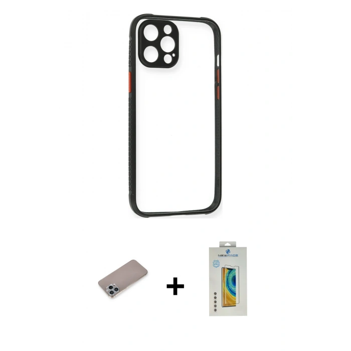 MARSİLYAN™- iPhone 12 Pro Kılıf Nova Asil Özel Seri - Siyah Polymer Nano Ekran Koruyucu + Shine Kamera Lens Koruma Cam - SABE