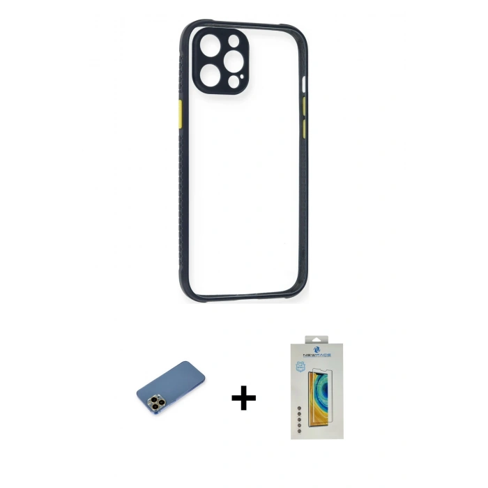 MARSİLYAN™- iPhone 12 Pro Kılıf Nova Asil Özel Seri - Siyah Polymer Nano Ekran Koruyucu + Shine Kamera Lens Koruma Cam - GD