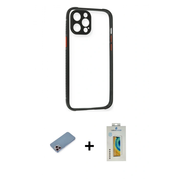 MARSİLYAN™- iPhone 12 Pro Kılıf Nova Asil Özel Seri - Siyah Polymer Nano Ekran Koruyucu + Shine Kamera Lens Koruma Cam - PE