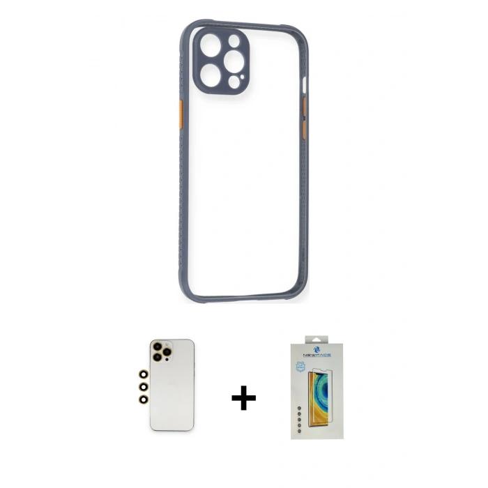 MARSİLYAN™- iPhone 12 Pro Kılıf Nova Asil Özel Seri - Siyah Polymer Nano Ekran Koruyucu + Shine Kamera Lens - GD