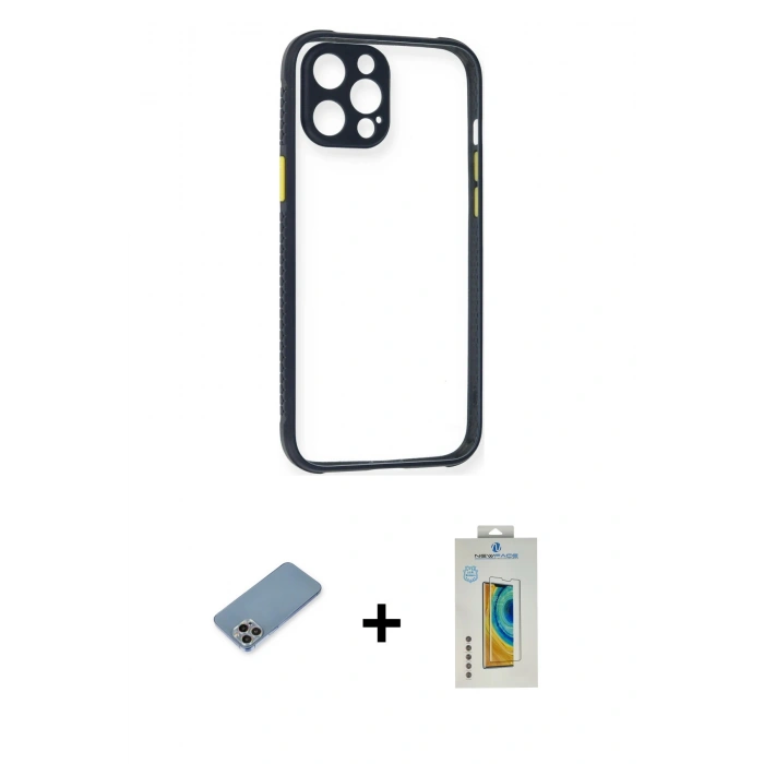 MARSİLYAN™- iPhone 12 Pro Kılıf Nova Asil Özel Seri - Siyah Polymer Nano Ekran Koruyucu + Shine Kamera Lens Koruma Cam - GI