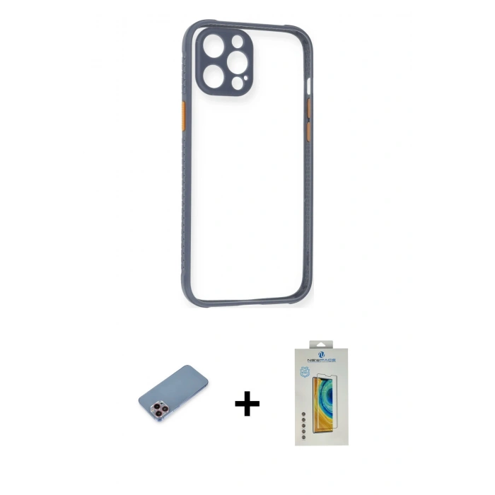 MARSİLYAN™- iPhone 12 Pro Kılıf Nova Asil Özel Seri - Siyah Polymer Nano Ekran Koruyucu + Shine Kamera Lens Koruma Cam - PE