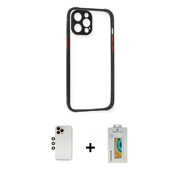 MARSİLYAN™- iPhone 12 Pro Kılıf Nova Asil Özel Seri - Siyah Polymer Nano Ekran Koruyucu + Shine Kamera Lens - GD