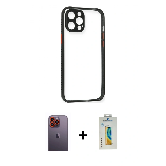 MARSİLYAN™- iPhone 12 Pro Kılıf Nova Asil Özel Seri - Siyah Polymer Nano Ekran Koruyucu + Turuncu Neon Fosforlu Kamera Lens