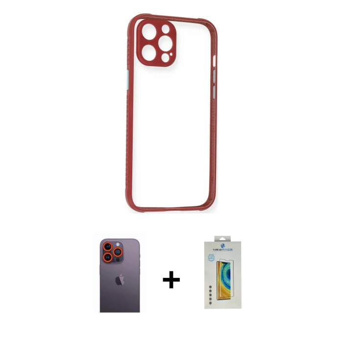MARSİLYAN™- iPhone 12 Pro Kılıf Nova Asil Özel Seri - Siyah Polymer Nano Ekran Koruyucu + Turuncu Neon Fosforlu Kamera Lens
