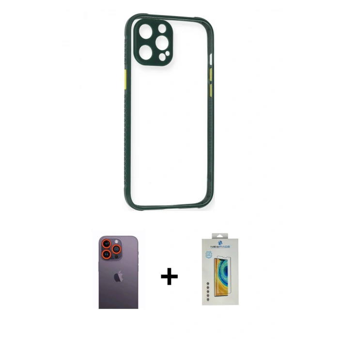 MARSİLYAN™- iPhone 12 Pro Kılıf Nova Asil Özel Seri - Siyah Polymer Nano Ekran Koruyucu + Turuncu Neon Fosforlu Kamera Lens