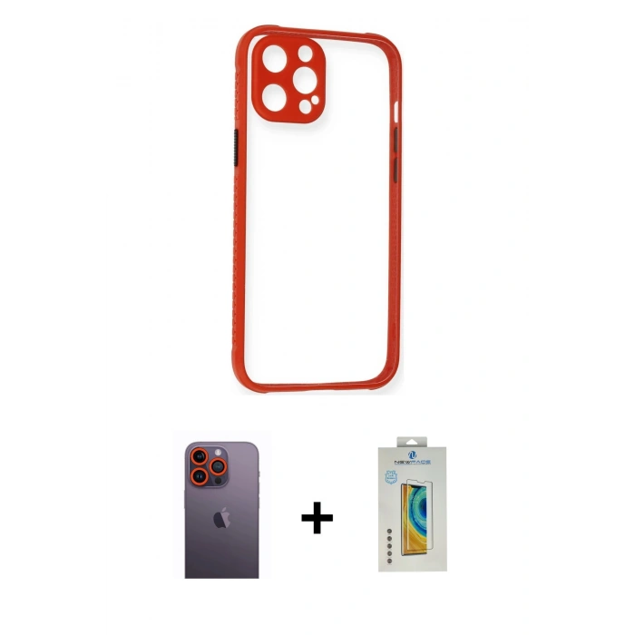 MARSİLYAN™- iPhone 12 Pro Kılıf Nova Asil Özel Seri - Siyah Polymer Nano Ekran Koruyucu + Turuncu Neon Fosforlu Kamera Lens
