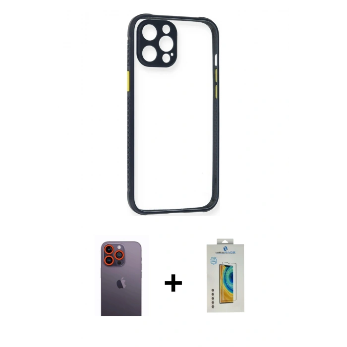 MARSİLYAN™- iPhone 12 Pro Kılıf Nova Asil Özel Seri - Siyah Polymer Nano Ekran Koruyucu + Turuncu Neon Fosforlu Kamera Lens