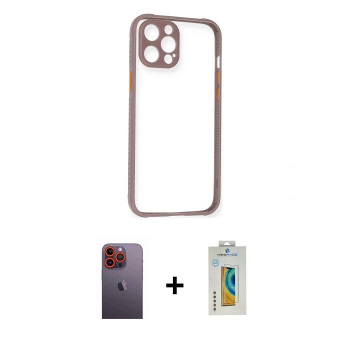MARSİLYAN™- iPhone 12 Pro Kılıf Nova Asil Özel Seri - Siyah Polymer Nano Ekran Koruyucu + Turuncu Neon Fosforlu Kamera Lens