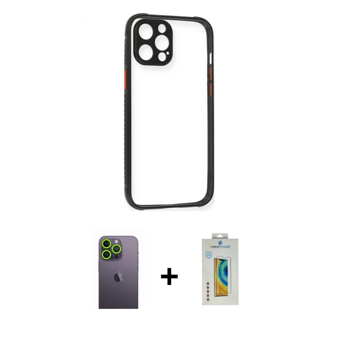 MARSİLYAN™- iPhone 12 Pro Kılıf Nova Asil Özel Seri - Siyah Polymer Nano Ekran Koruyucu + Neon Fosforlu Kamera Lens - YL