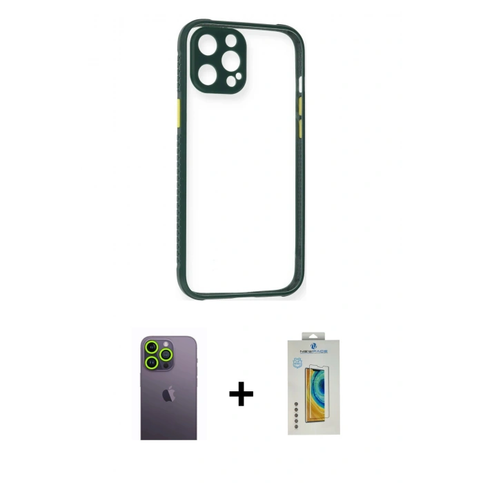 MARSİLYAN™- iPhone 12 Pro Kılıf Nova Asil Özel Seri - Siyah Polymer Nano Ekran Koruyucu + Neon Fosforlu Kamera Lens - YL