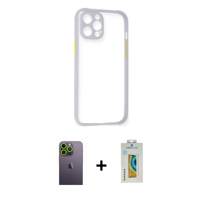 MARSİLYAN™- iPhone 12 Pro Kılıf Nova Asil Özel Seri - Siyah Polymer Nano Ekran Koruyucu + Neon Fosforlu Kamera Lens - YL