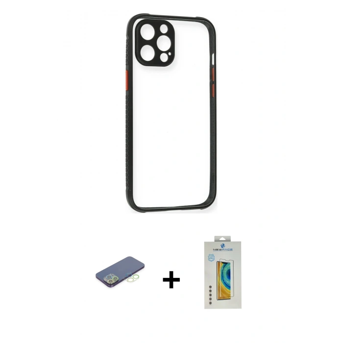 MARSİLYAN™- iPhone 12 Pro Kılıf Nova Asil Özel Seri - Siyah Polymer Nano Ekran Koruyucu + Renkli Kamera Lens Koruma Cam - YL