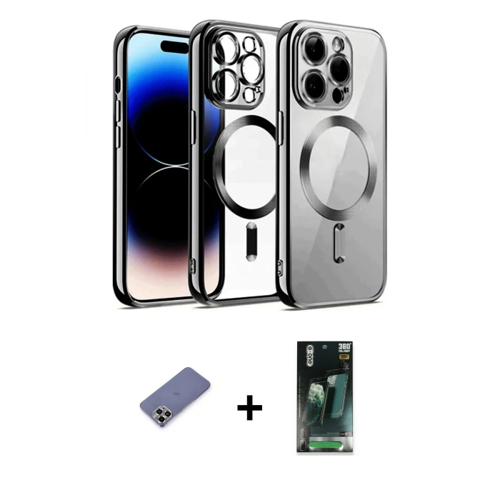 MARSİLYAN™- iPhone 12 Pro Kılıf Nova Işık Özel Seri - Şeffaf 360 Full Body Arka Koruyucu + Metal Kamera Lens Koruma Cam - GD