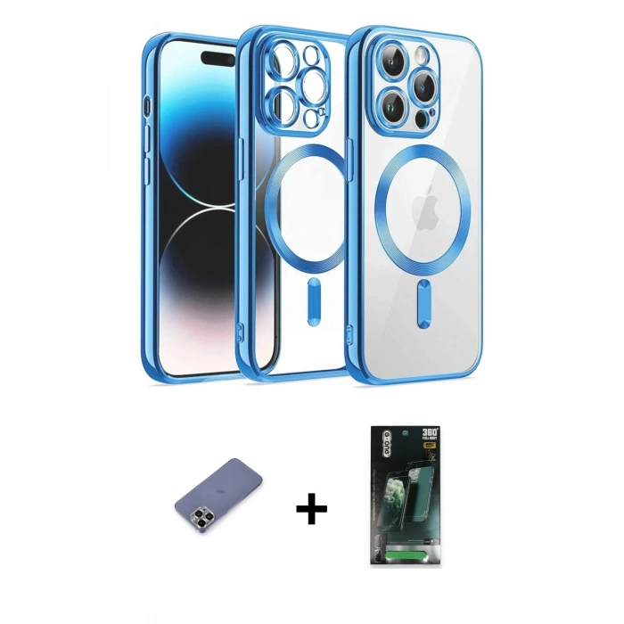 MARSİLYAN™- iPhone 12 Pro Kılıf Nova Işık Özel Seri - Şeffaf 360 Full Body Arka Koruyucu + Metal Kamera Lens Koruma Cam - GD