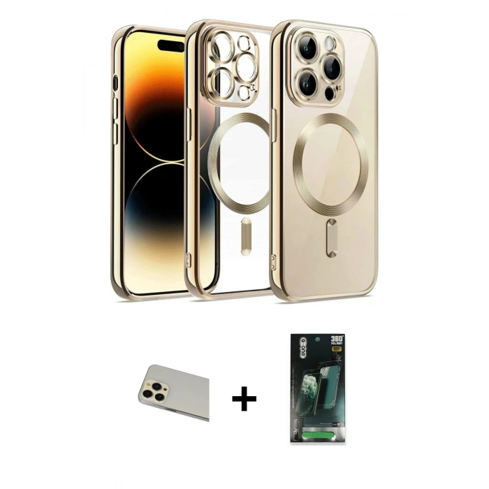 MARSİLYAN™- iPhone 12 Pro Kılıf Nova Işık Özel Seri - Şeffaf 360 Full Body Arka Koruyucu + Gold Rainbow Kamera Lens Koruma Cam