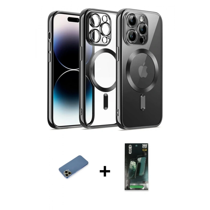 MARSİLYAN™- iPhone 12 Pro Kılıf Nova Işık Özel Seri - Şeffaf 360 Full Body Arka Koruyucu + Shine Kamera Lens Koruma Cam - GD