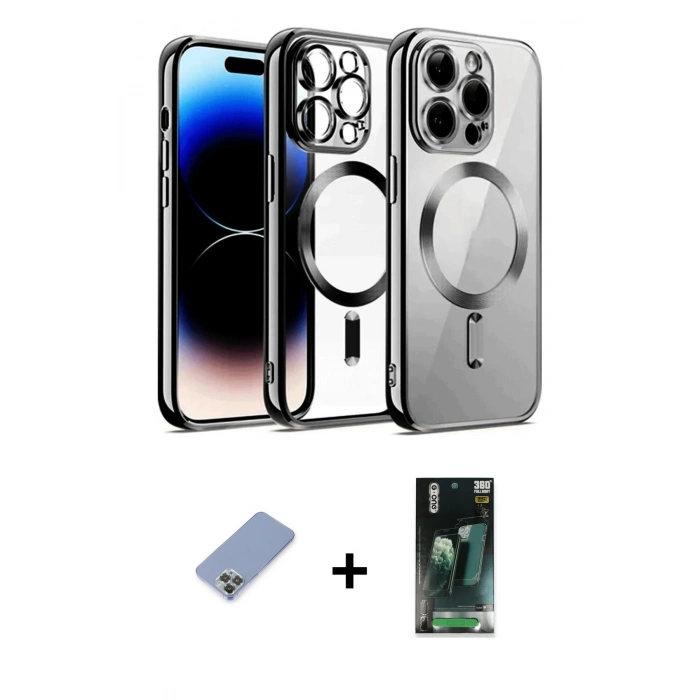 MARSİLYAN™- iPhone 12 Pro Kılıf Nova Işık Özel Seri - Şeffaf 360 Full Body Arka Koruyucu + Koyu Yeşil Metal Kamera Lens Koruma Cam