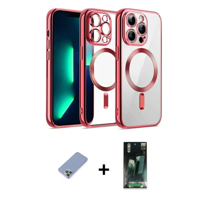 MARSİLYAN™- iPhone 12 Pro Kılıf Nova Işık Özel Seri - Şeffaf 360 Full Body Arka Koruyucu + Koyu Yeşil Metal Kamera Lens Koruma Cam