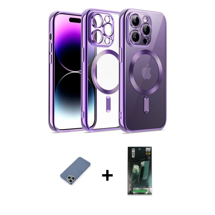 MARSİLYAN™- iPhone 12 Pro Kılıf Nova Işık Özel Seri - Şeffaf 360 Full Body Arka Koruyucu + Metal Kamera Lens Koruma Cam - AKYL