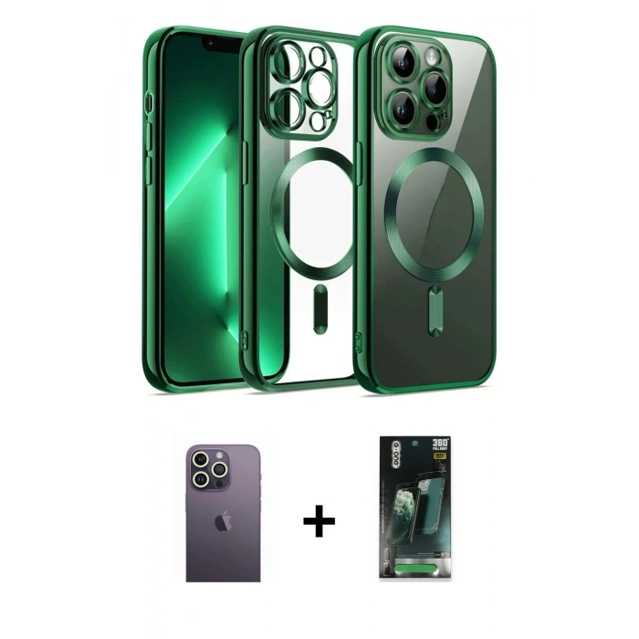 MARSİLYAN™- iPhone 12 Pro Kılıf Nova Işık Özel Seri - Şeffaf 360 Full Body Arka Koruyucu + Neon Fosforlu Kamera Lens - BZ