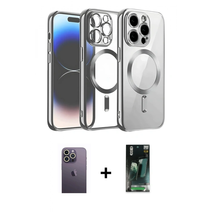 MARSİLYAN™- iPhone 12 Pro Kılıf Nova Işık Özel Seri - Şeffaf 360 Full Body Arka Koruyucu + Neon Fosforlu Kamera Lens - BZ