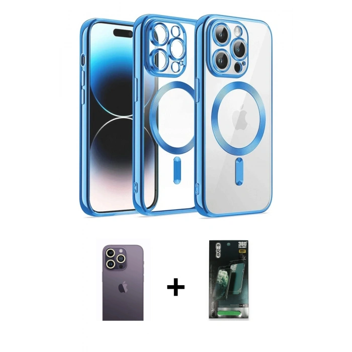 MARSİLYAN™- iPhone 12 Pro Kılıf Nova Işık Özel Seri - Şeffaf 360 Full Body Arka Koruyucu + Neon Fosforlu Kamera Lens - BZ