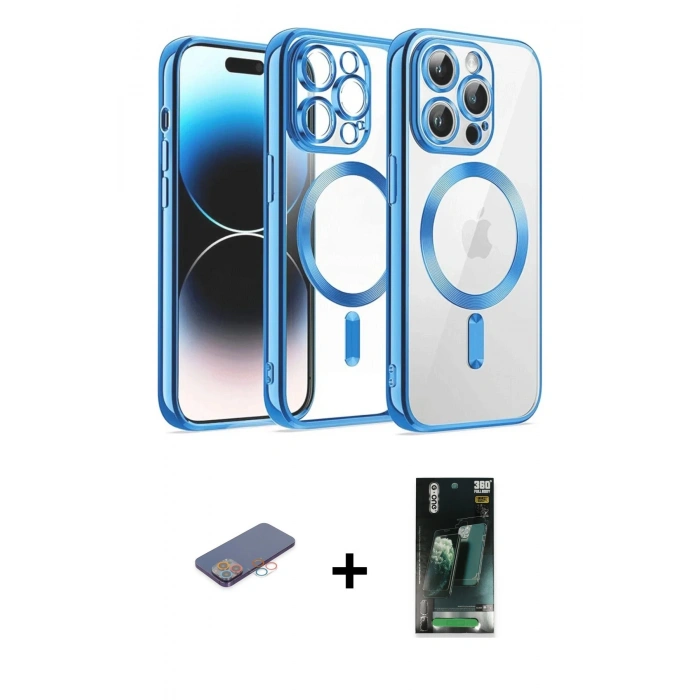 MARSİLYAN™- iPhone 12 Pro Kılıf Nova Işık Özel Seri - Şeffaf 360 Full Body Arka Koruyucu + Renkli Kamera Lens Koruma Cam - PE